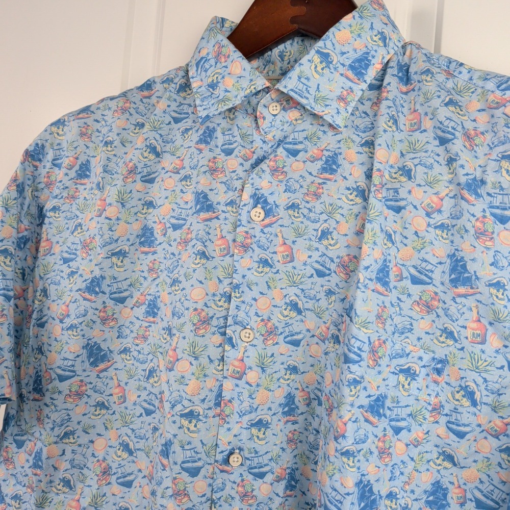 Peter Millar Mens Medium Blue Pirate Rum Skull Nautical Print Shirt MS22W76CFS